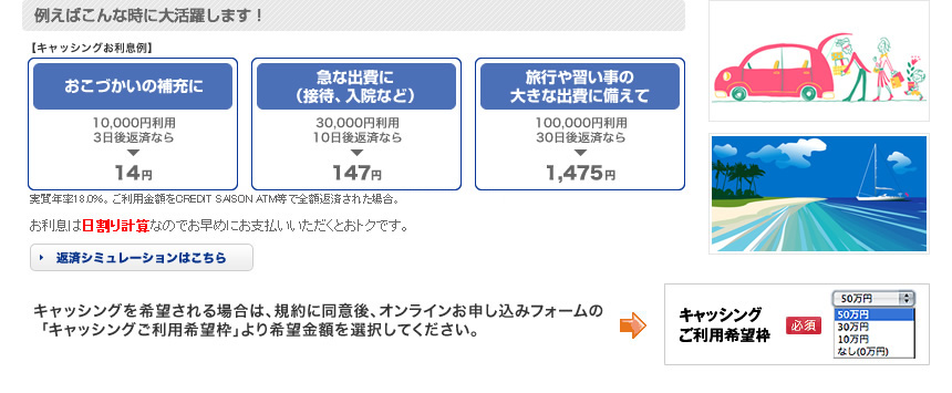 例えばこんな時に大活躍します！ 【キャッシングお利息例】 おこづかいの補充に 急な出費に（接待、入院など） 旅行や習い事の大きな出費に備えて ※〈PARCOカード〉で、実質年率18.0％。ご利用金額をCREDIT SAISON ATM等で全額返済された場合。お利息は日割り計算なのでお早めにお支払いいただくとおトクです。キャッシングを希望される場合は、規約に同意後、オンラインお申し込みフォームの「キャッシングご利用希望枠」より希望金額を選択してください。
