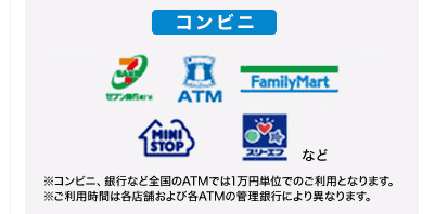 [コンビニ]※コンビニ、銀行など全国のATMでは1万円単位でのご利用となります。※ご利用時間は各店舗および各ATMの管理銀行により異なります。