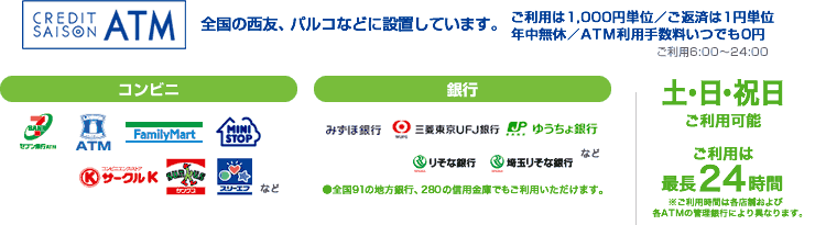 「CREDIT SAISON ATM」全国の西友、パルコなどに設置しています。ご利用は1,000円単位/ご返済は1円単位 年中無休/ATM利用手数料いつでも0円 ご利用6:00~24:00